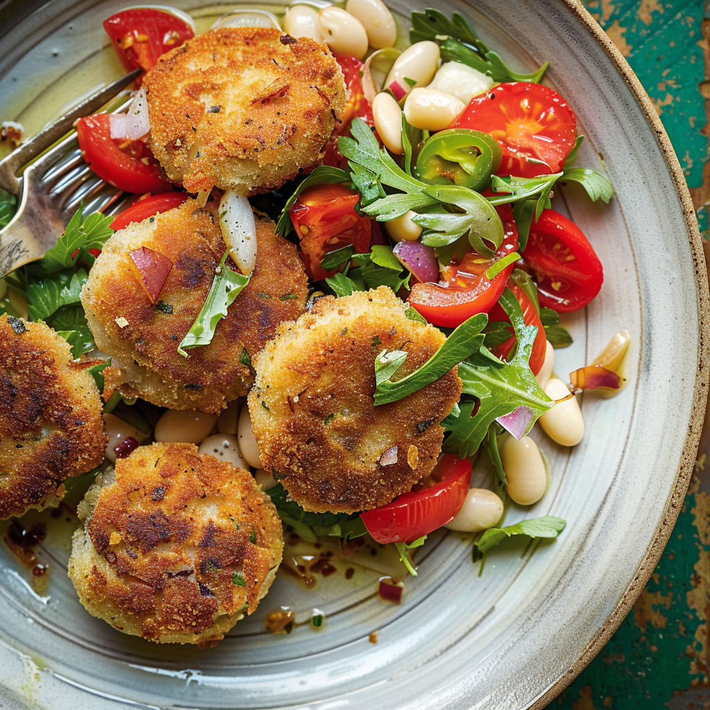 Une salade de haricots blancs, croquettes de sardines et tomates confites est servie sur un plateau.