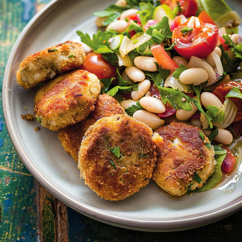Une salade tiède aux haricots blancs et galettes de sardines croustillantes, relevée de tomates confites.