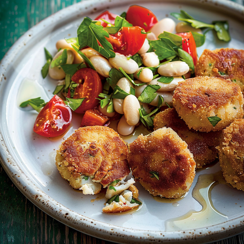 Une assiette de croquettes de sardines dorées et salade rustique aux haricots et tomates confites.