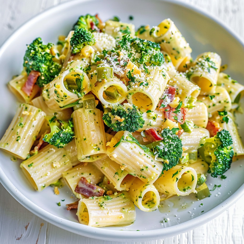Un plat de rigatoni carbonara au brocoli, pancetta croustillante et poireau.