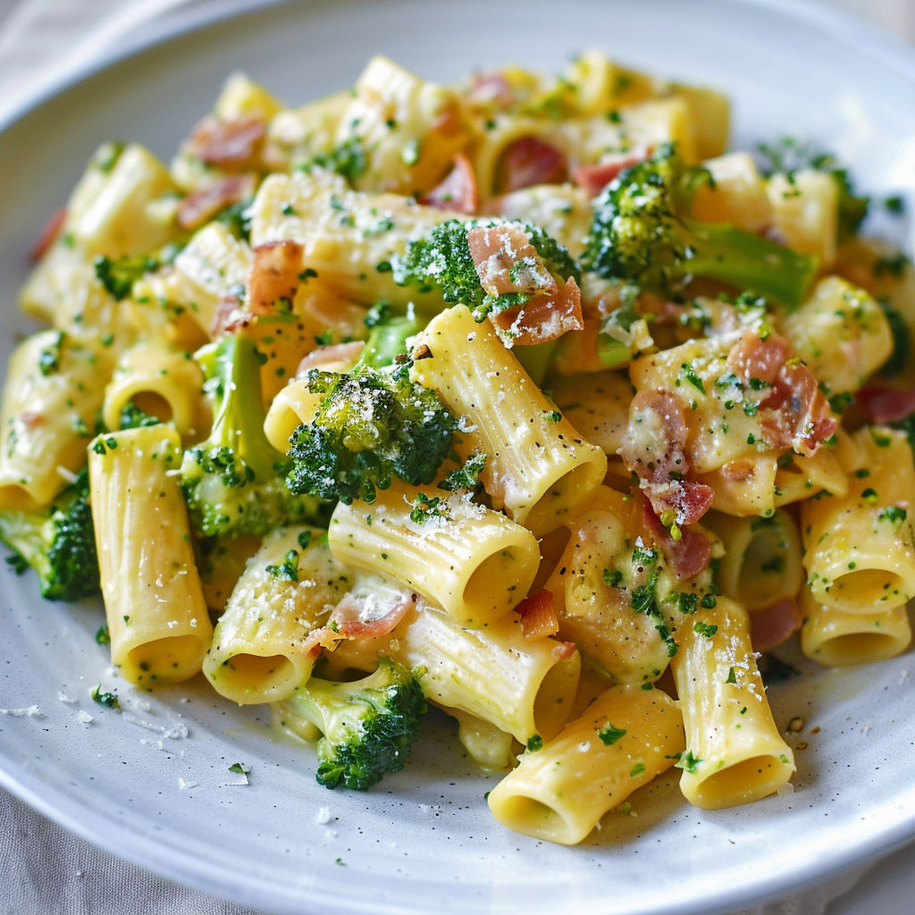 Une plate de carbonara verte avec des brocolis, poireaux et éclats de parmesan.