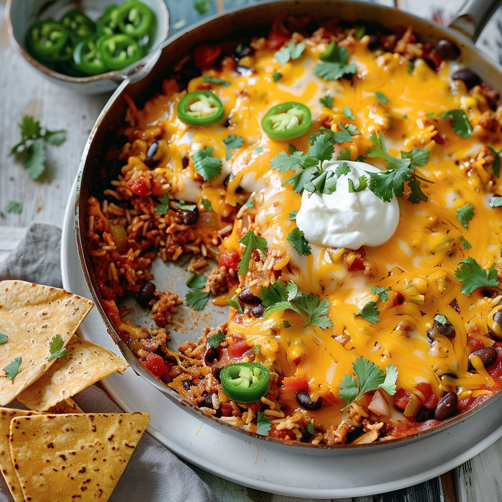 Casserole mex au bœuf, riz, haricots noirs, cheddar fondu, tortillas croustillantes.