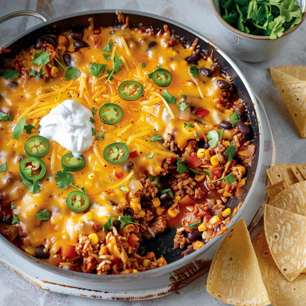 Une casserole mexicaine contenant des tortillas dorées, du riz, du fromage, des épices et des légumes.