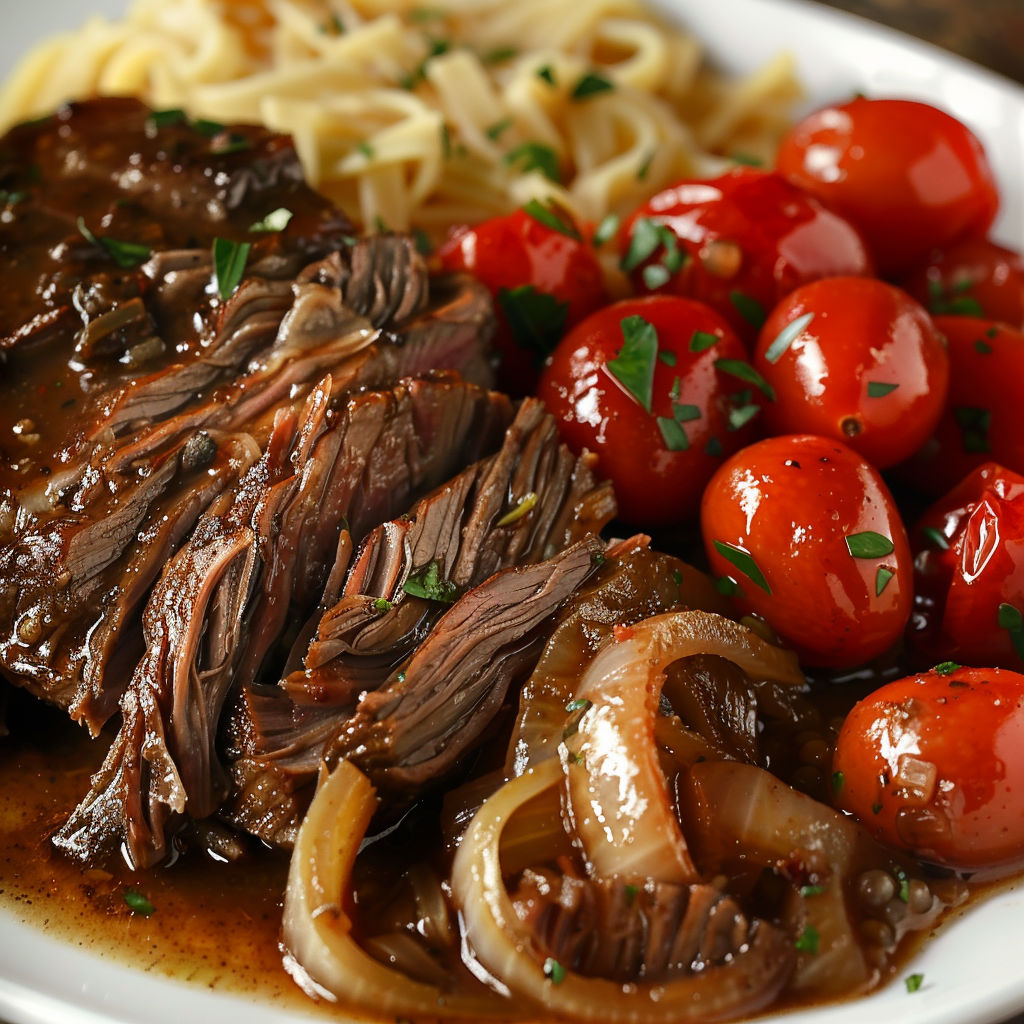 Une viande de boeuf grillée avec des tomates cerises et des pâtes.