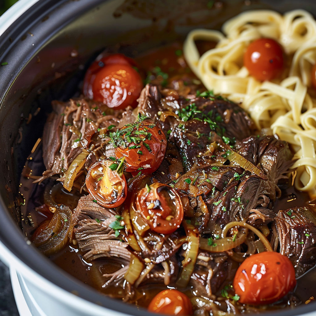 Une recette de boeuf à la viande avec des tomates et des pâtes.