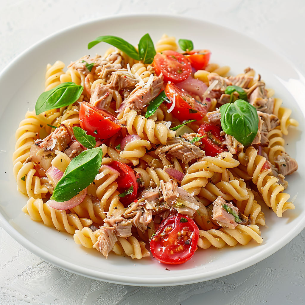 Une salade de pâtes froides avec des tomates, des épinards et des herbes.
