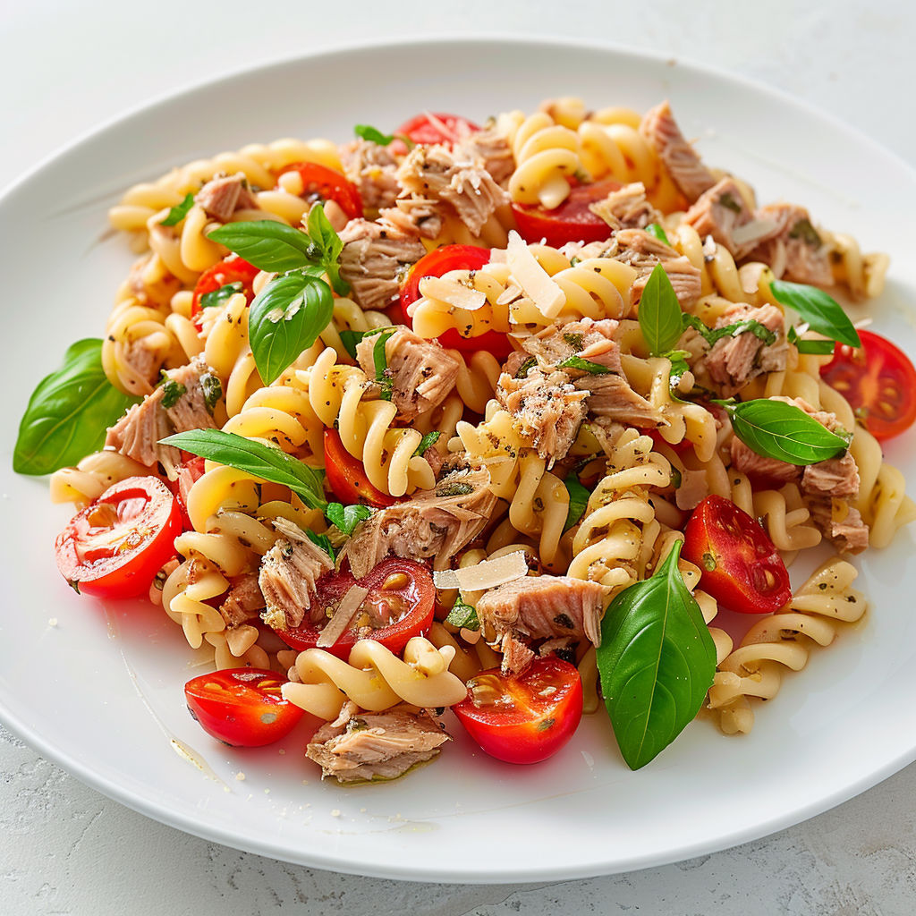 Une plate de spaghetti avec des tomates et des herbes.