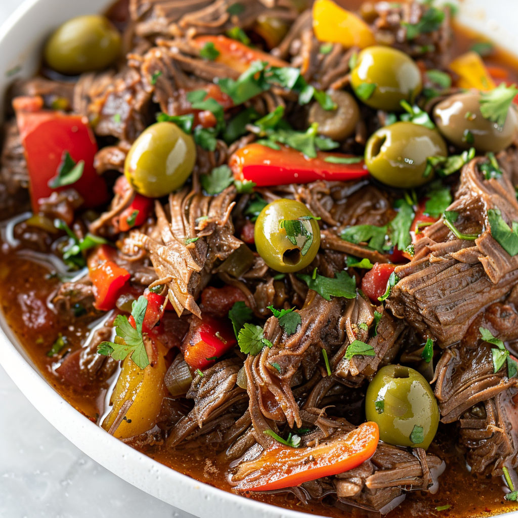 Un plat de beef cubain mijoté et explosif en saveurs, avec des olives et des tomates.