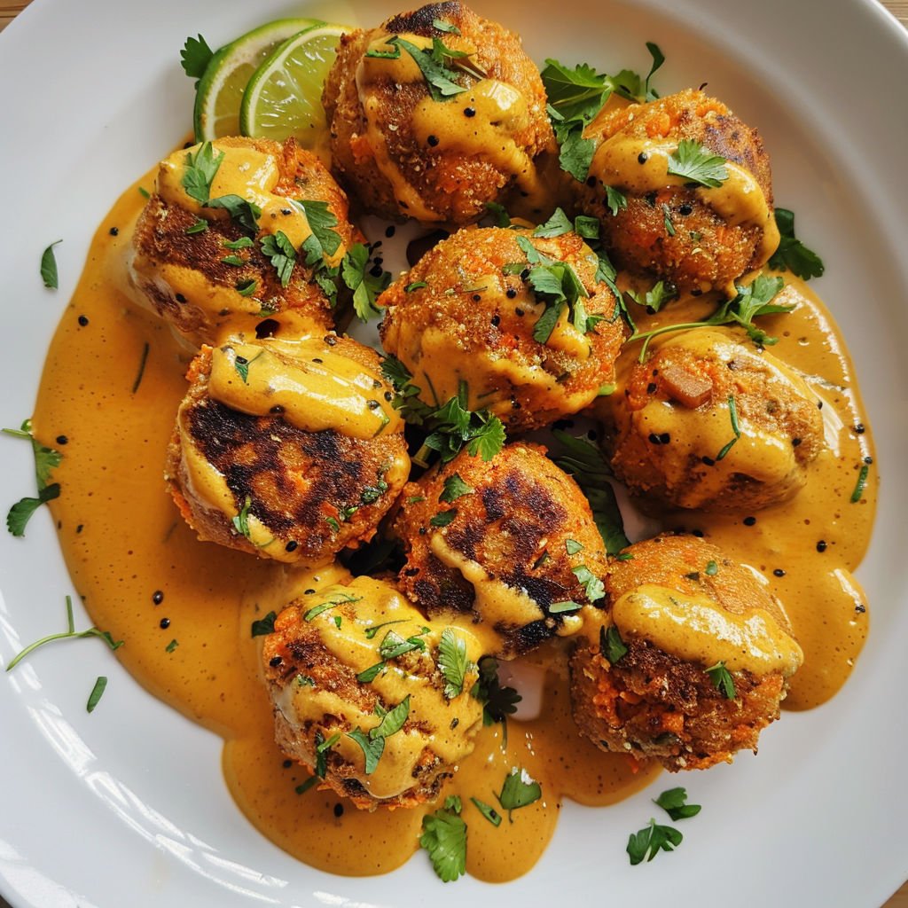 Boulettes carottes-pois chiches rôties, nappées de sauce coco curry.