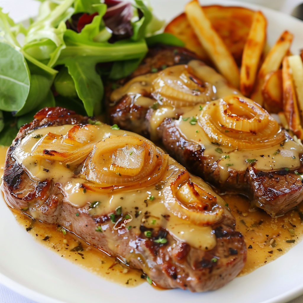 Steak au poivre avec des pommes frites et une salade verte.