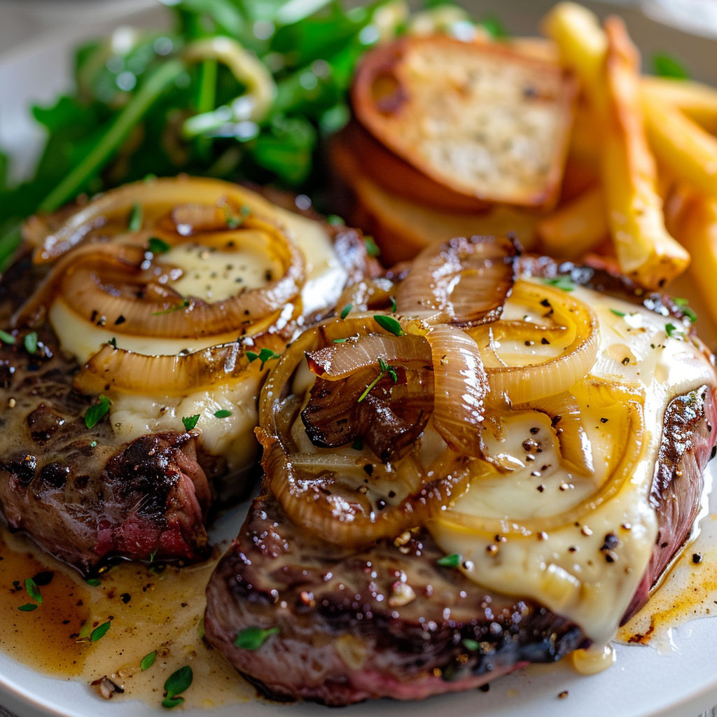 Steak au poivre avec des pommes frites et des légumes verts.