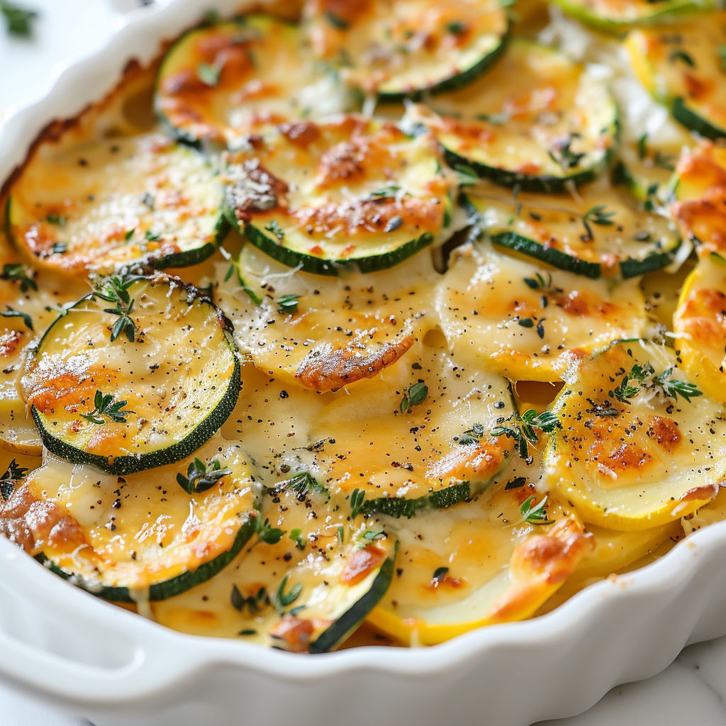 Une casserole de courgettes, pommes de terre et oignons gratinés au Parmesan.