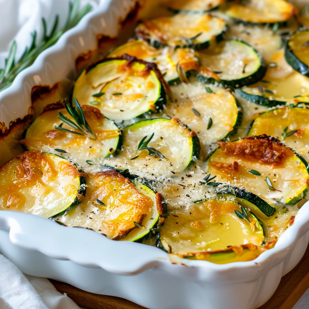 Une tarte aux courgettes et herbes, avec une sauce au fromage riche et une touche de piment.