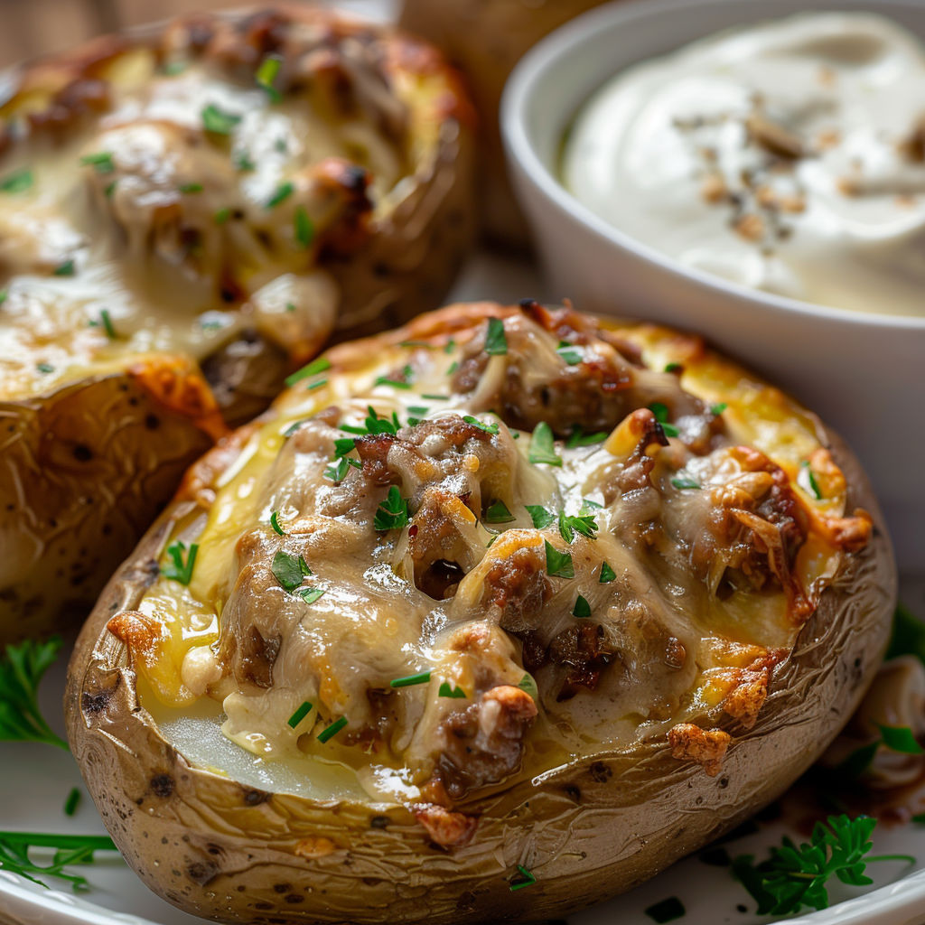 Pommes de Terre Farcies à la Viande et Sauce Fraîche, une recette savoureuse et délicieuse, est servie sur un plateau avec des pommes de terre farcies et une sauce fraîche.