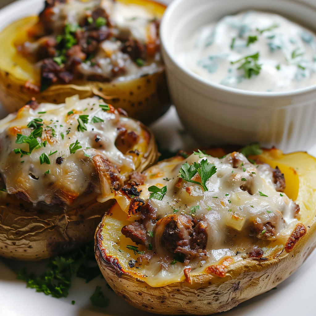 Une recette de pommes de terre farcies avec des sauces et des herbes.
