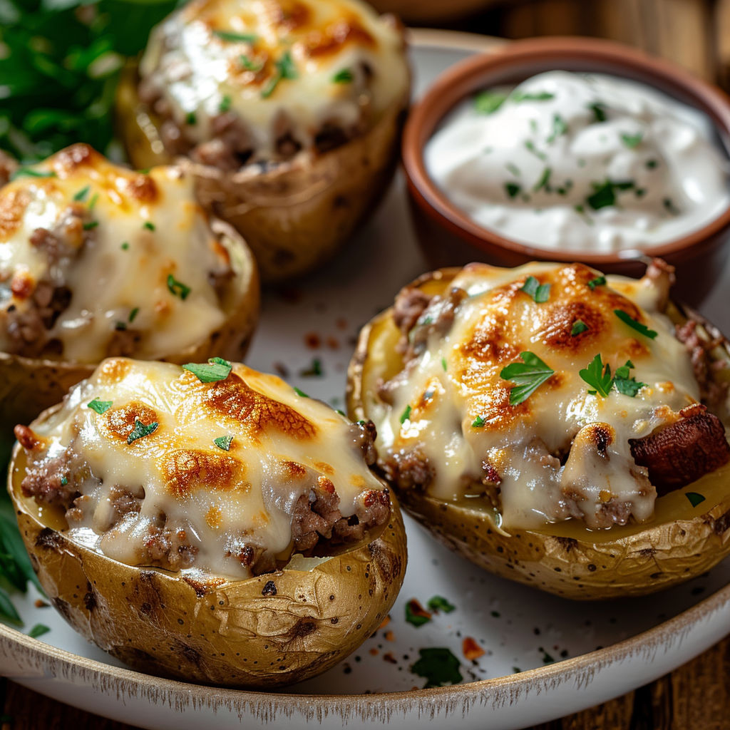 Une recette de pommes de terre farcies avec des pâtes et des herbes, sertie avec une sauce à la crème.