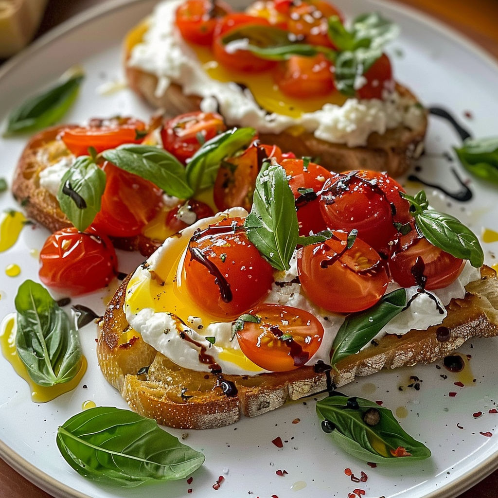 Une plaque de bruschetta à la burrata crémeuse, basilic frais et tomates cerises, avec des herbes fraîches et des tomates cerises sur les tranches de pain grillé.