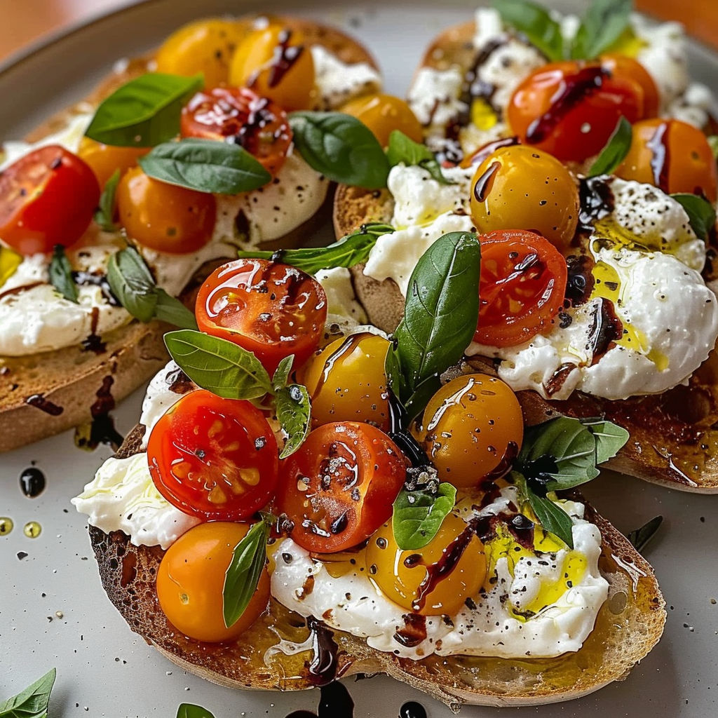 Une plaque de pain grillé avec des tomates, de la burrata fondante et du basilic.