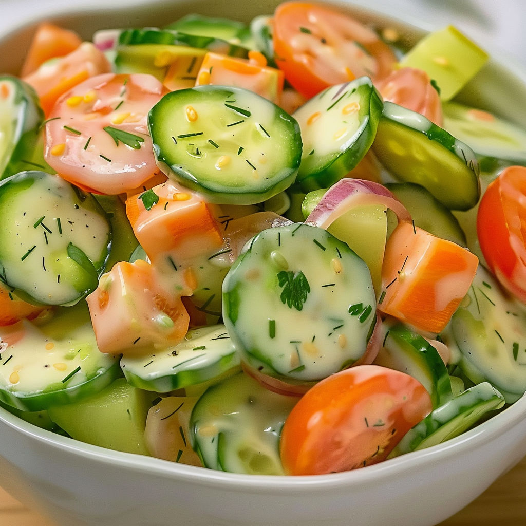 Une salade de concombre et de tomates est servie dans un bol.