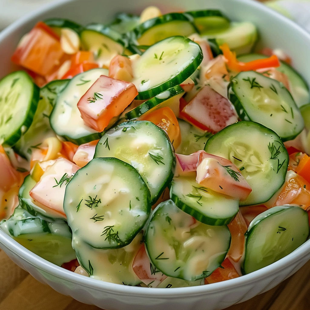 Une salade de cucumbers et de tomates dans un bol.