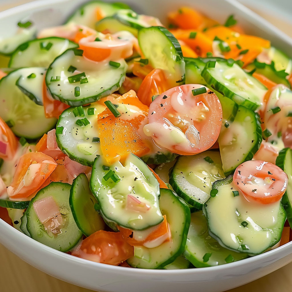 Une salade de tomates et de cucumbers avec une sauce au yaourt.