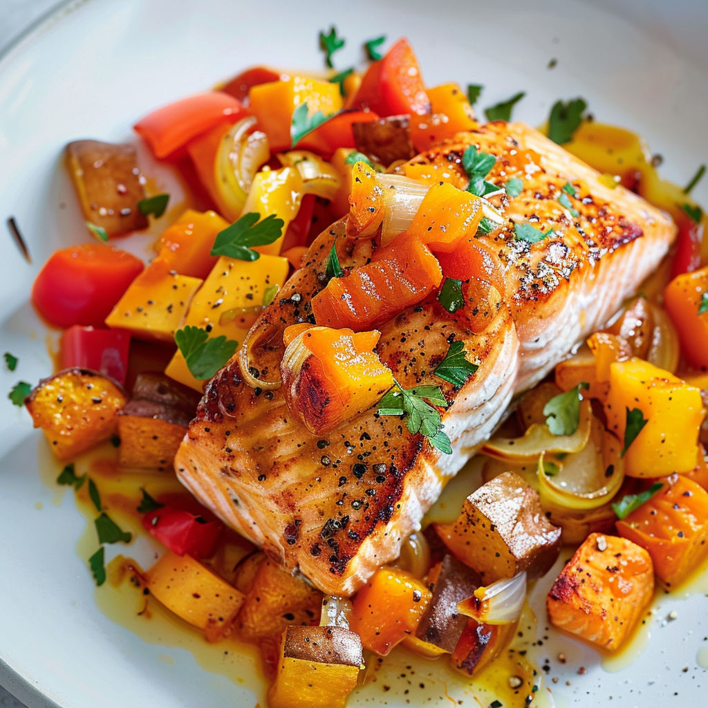 Saumon caramélisé au chutney de mangue et légumes rôtis, une recette savoureuse et colorée.