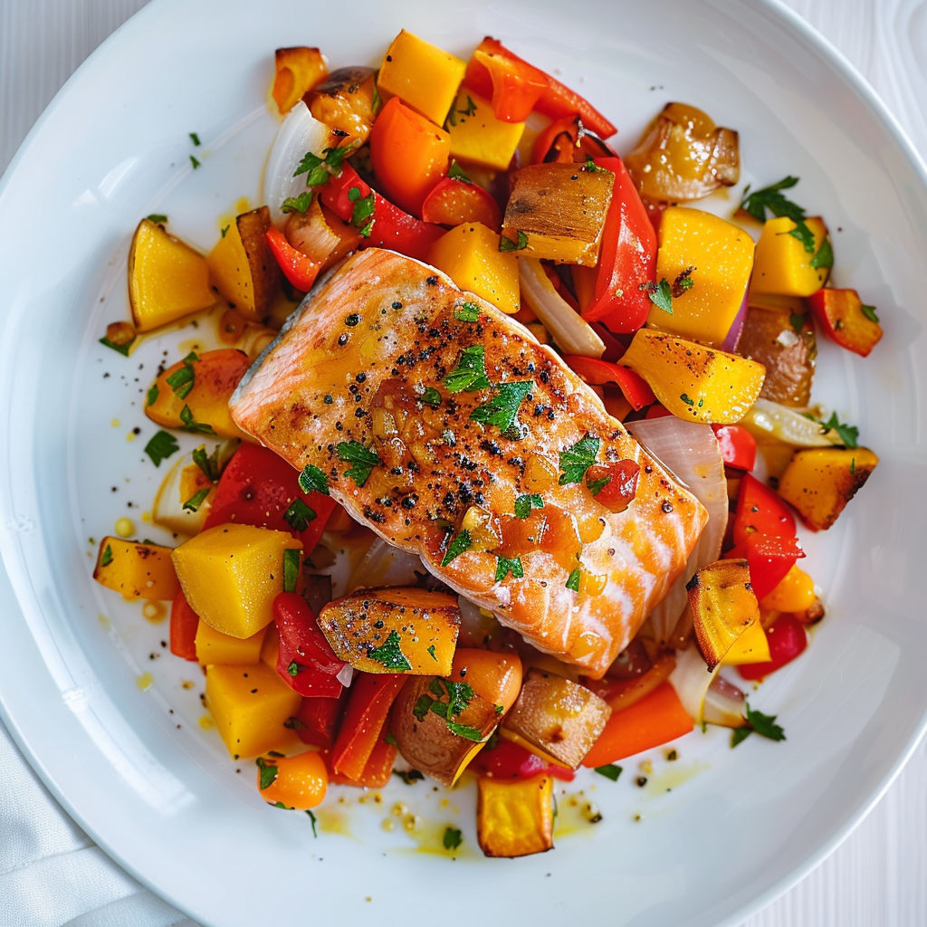 Une assiette de poivrons rôtis, de patates douces et de saumon laqué au chutney de mangue, accompagnés de pavés de saumon.