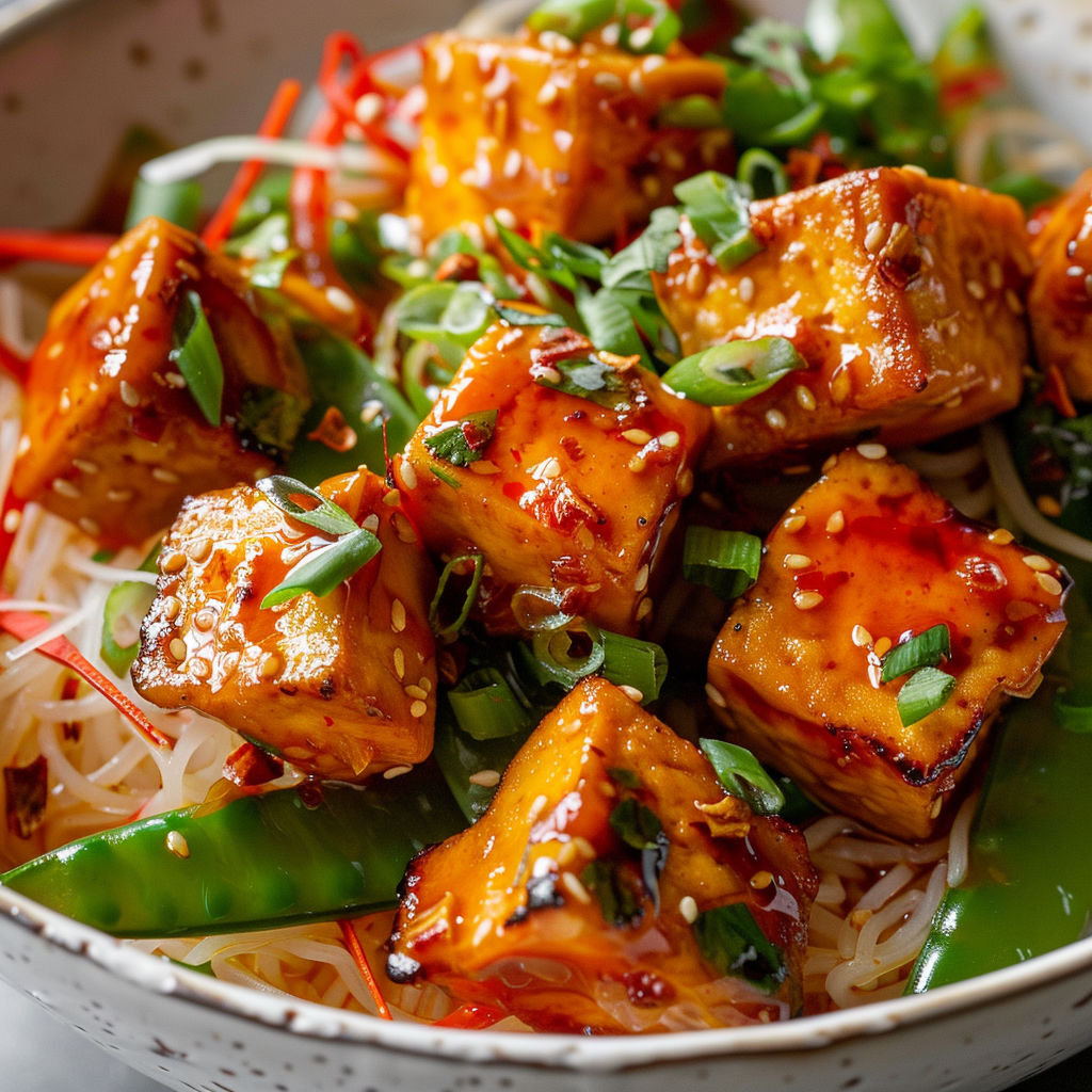 Une recette de salade de poulet et de noodles, avec des légumes verts et des cubes de poulet grillés, est servie dans un bol.