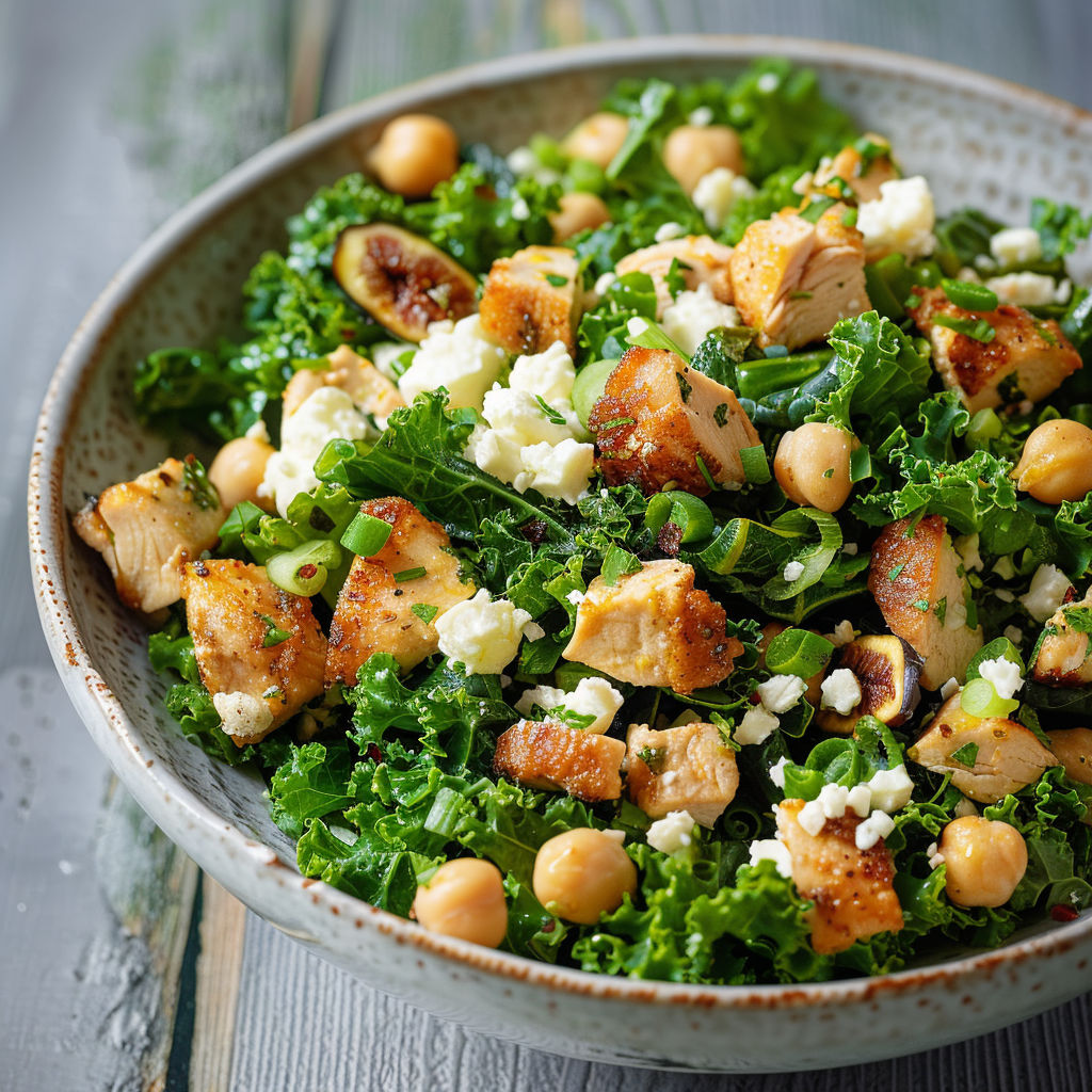 Une salade de poulet et de légumes, avec des chickpeas, des tomates, des avocats, des choux et des herbes.