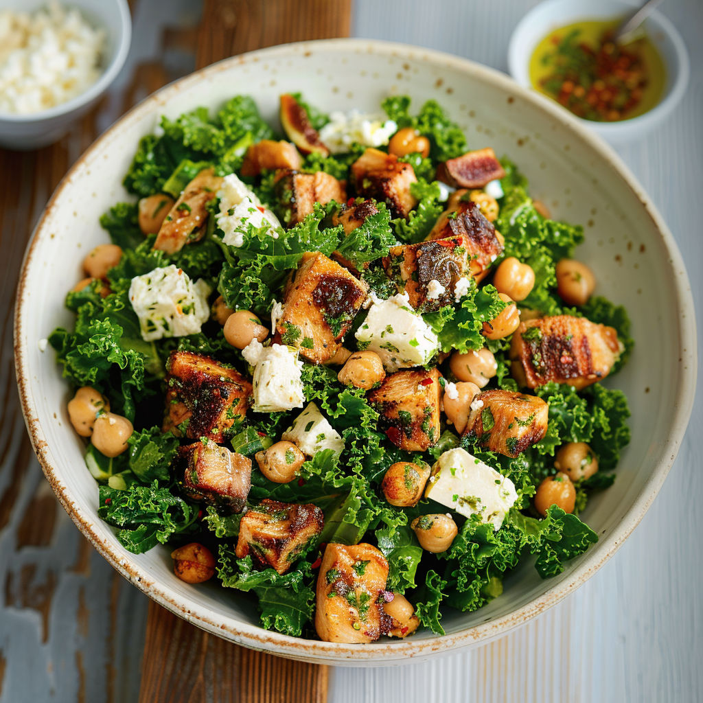 Une salade de chou et de poulet, avec des légumes verts et des graines de cacahuète, est servie dans un bol en céramique.