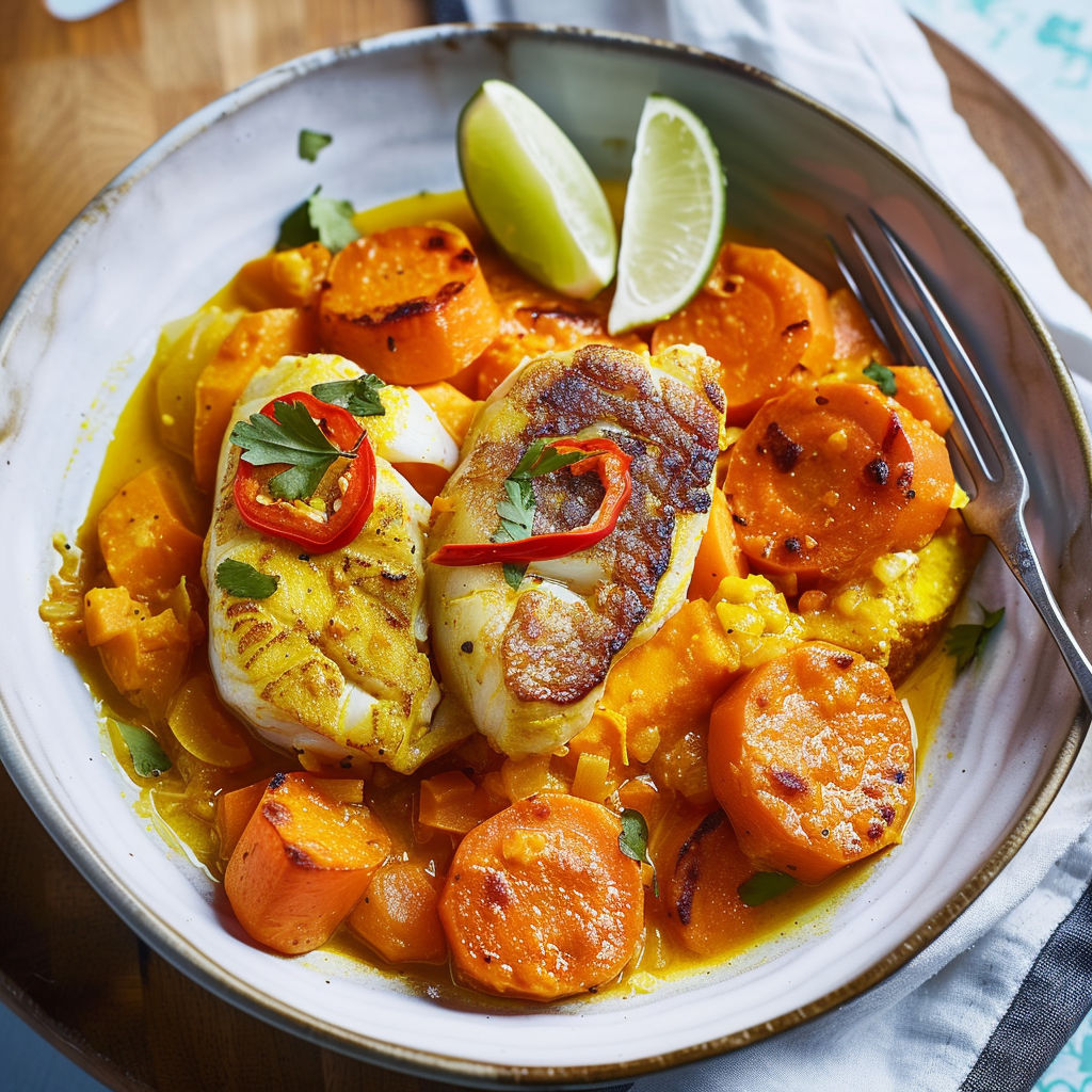 Un plat de poisson ragoûté avec des carottes douces et des patates.