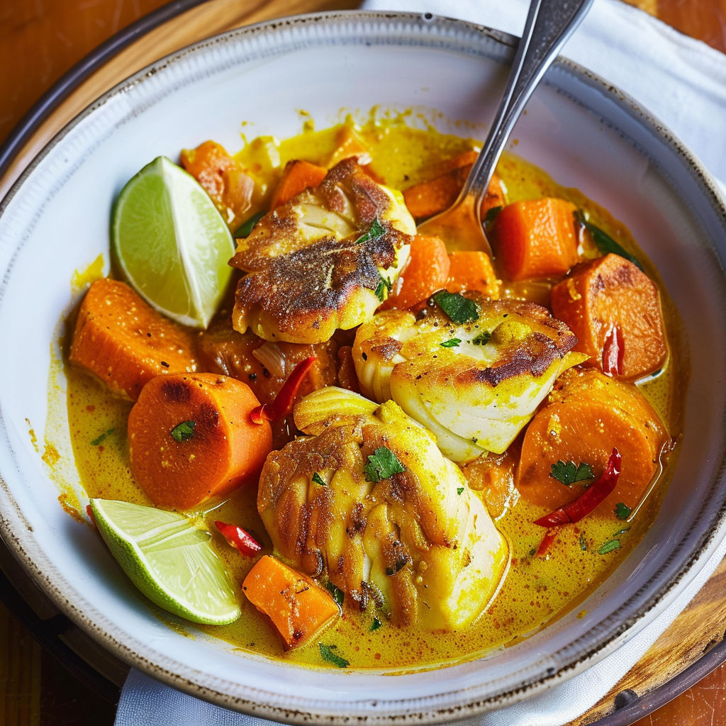 Plate of food with a variety of ingredients, including carrots, limes, and fish.