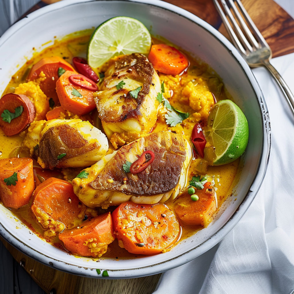 Un plat de poisson et légumes, avec des carottes, des tomates et des limes, est servie sur une table.