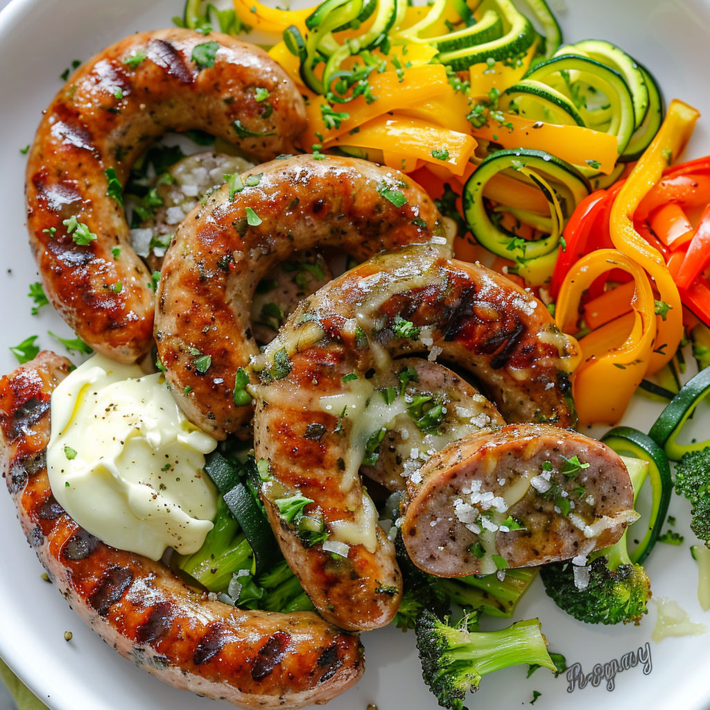 Une salade de saumon et de légumes colorés, avec des brocolis et des zucchini.