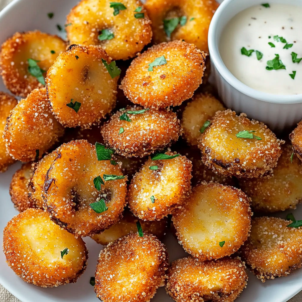 Une pile de pommes de terre frites avec une sauce au yaourt.