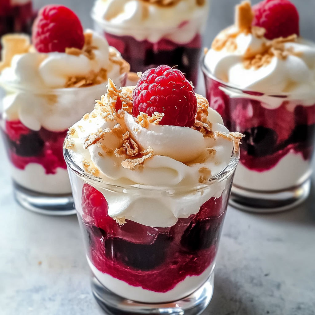 Desserts in small glasses, with a white cream topping and raspberries on top.