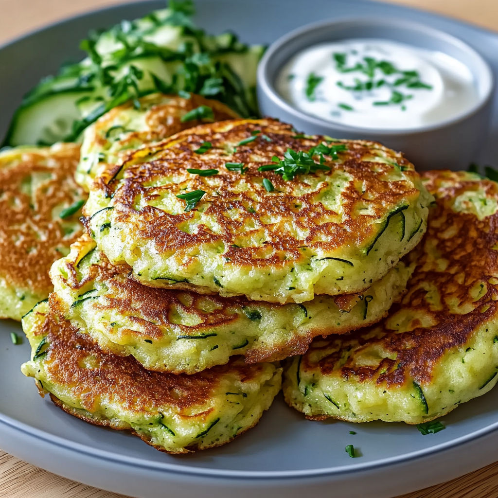 Une pile de pancakes de courgette sur un plateau.
