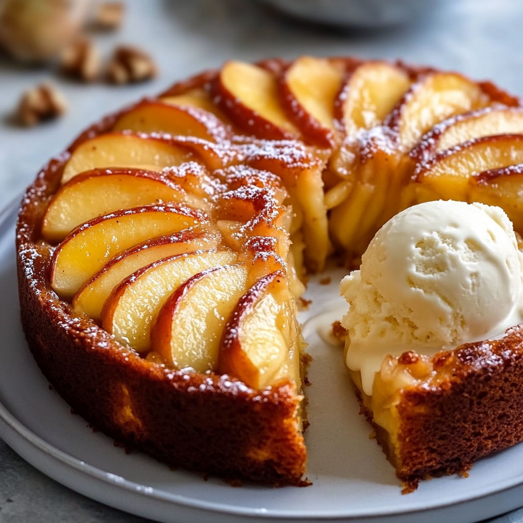 Une portion de gâteau fondant pomme et cannelle, avec une tranche de gâteau et une tranche de glace.