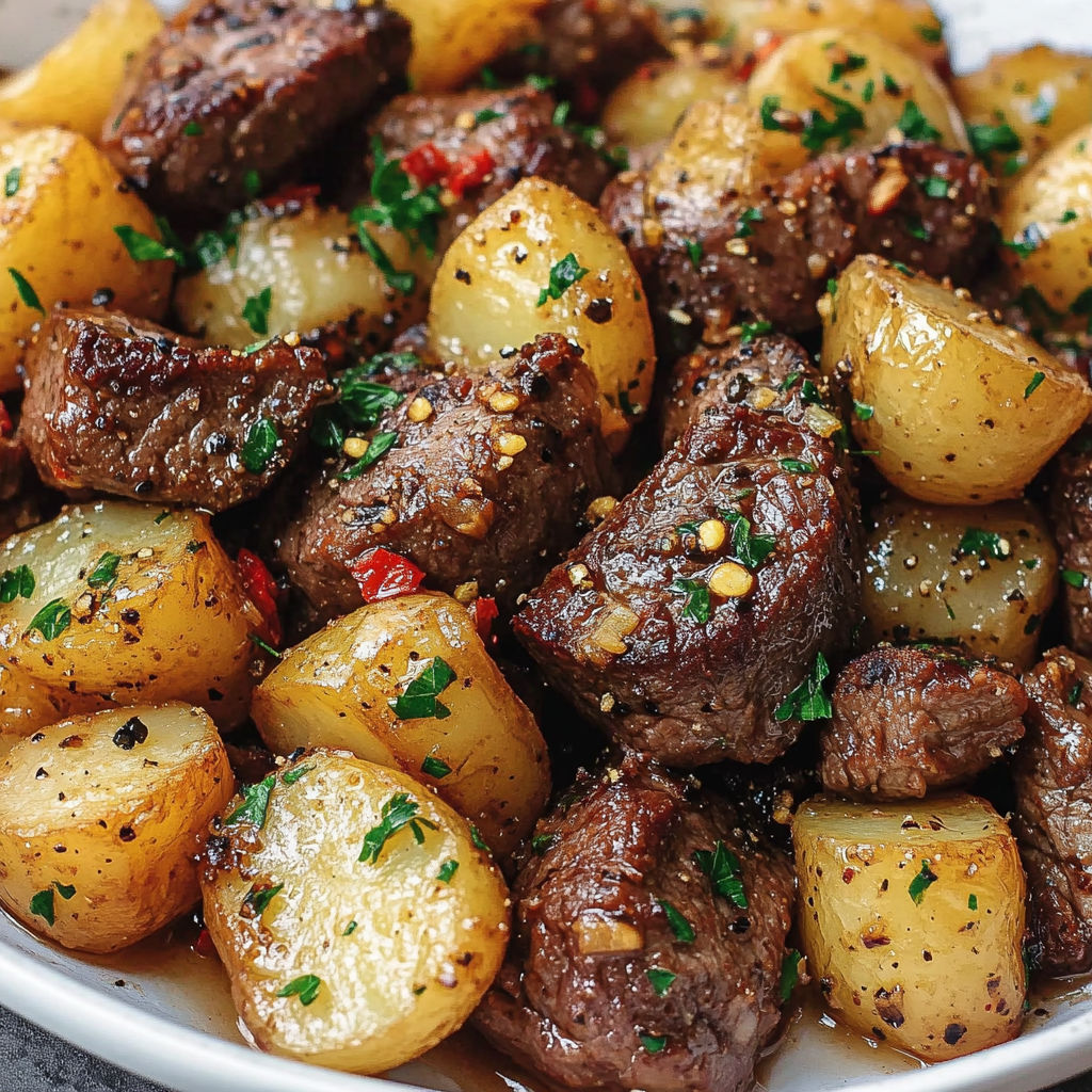 Une recette de steak avec des pommes de terre et des herbes, servie dans un plat.