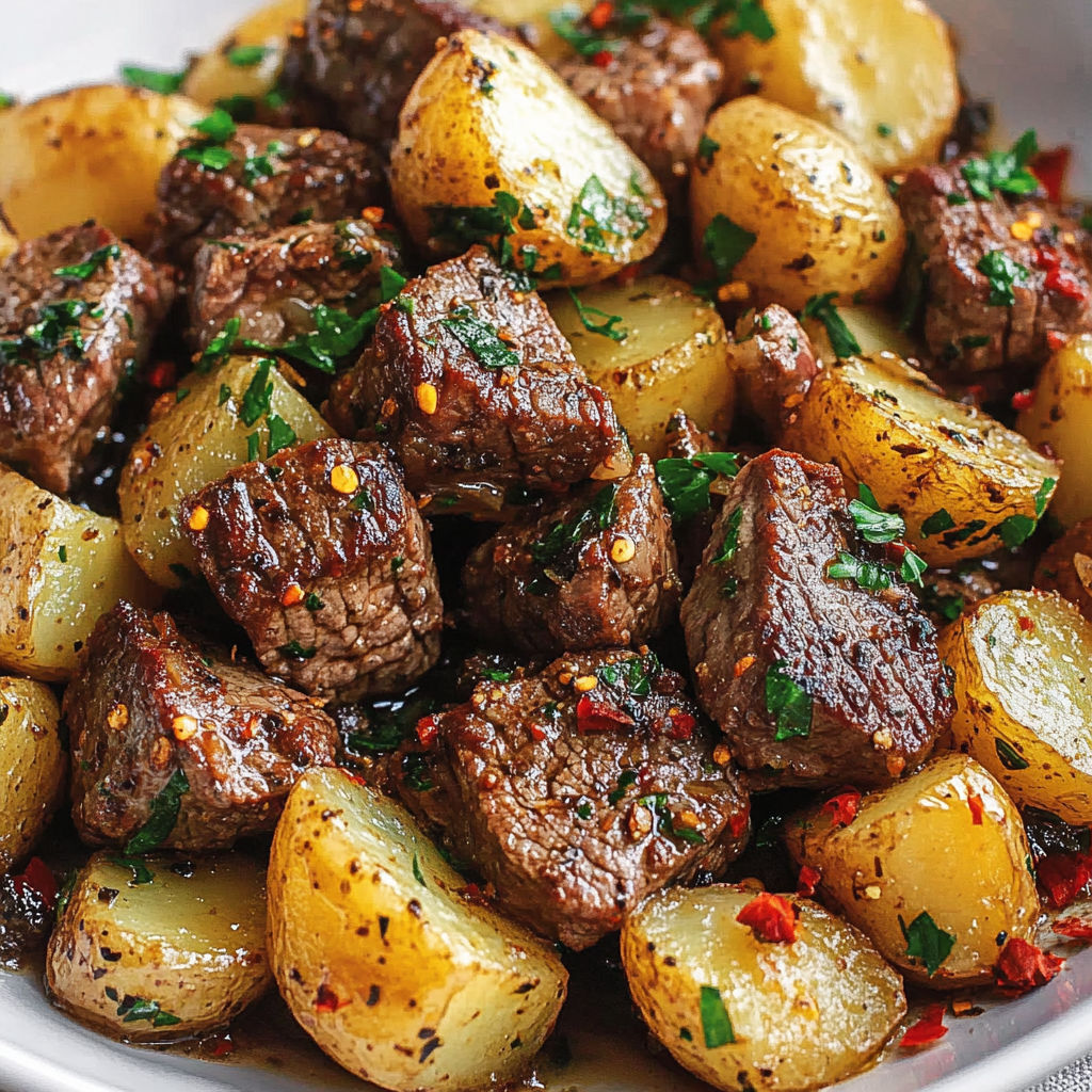 Une recette de steak avec des pommes de terre et des herbes.
