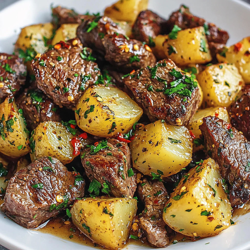 Une assiette de viande de boeuf avec des pommes de terre et des herbes.
