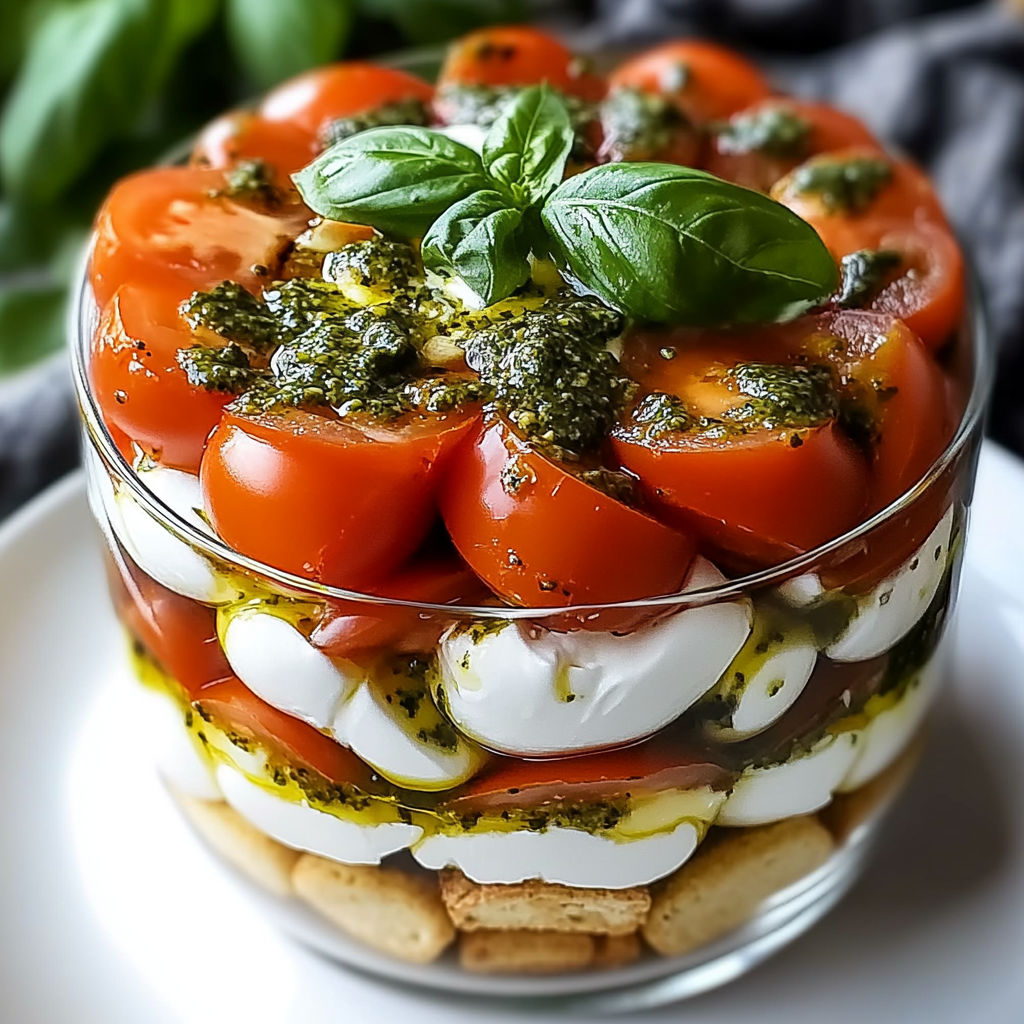 Une salade de tomates et de pâtes fraîches, garnie de basilic et de croûtes de pâte, dans un bol transparent.
