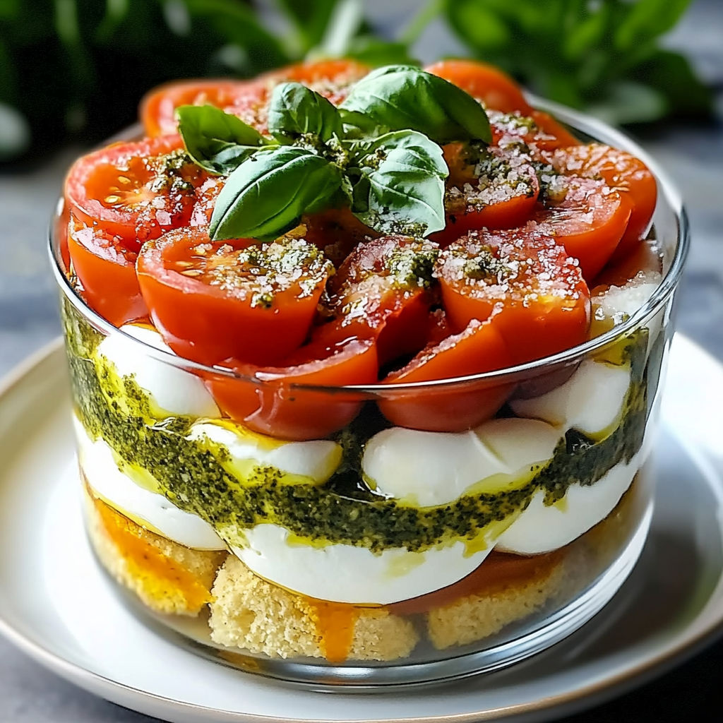 Une salade de tomates et de basilic, avec des croutons de pain et des fromages, dans un bol.