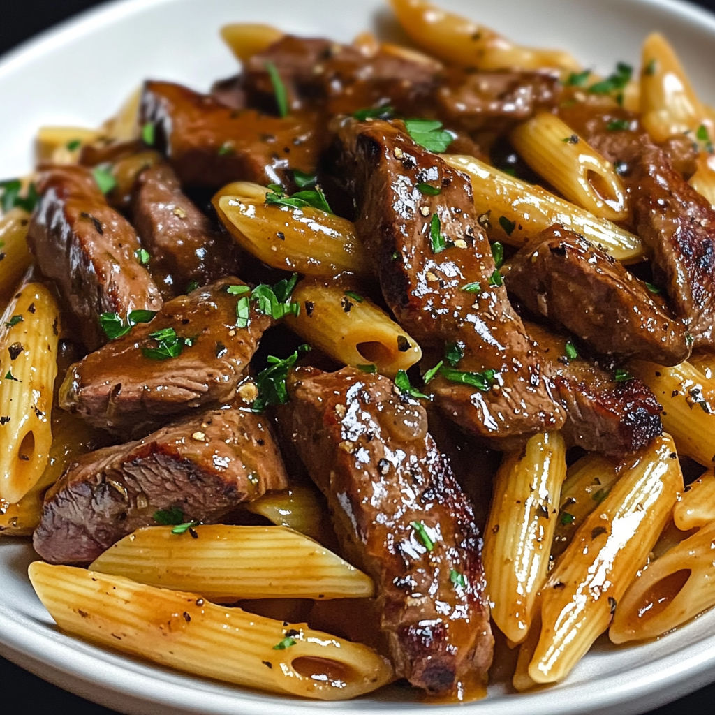 Un plat de Pasta au Steak, Miel et BBQ, avec des pâtes et des morceaux de viande grillée, garnis de miel et de sauce BBQ.