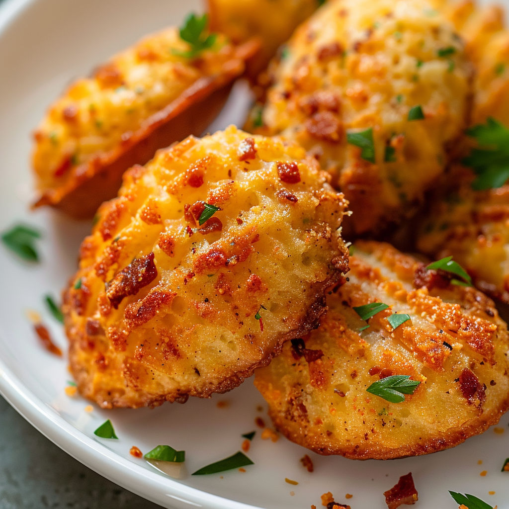 Une pile de croquettes de pommes de terre avec des herbes et des épices.