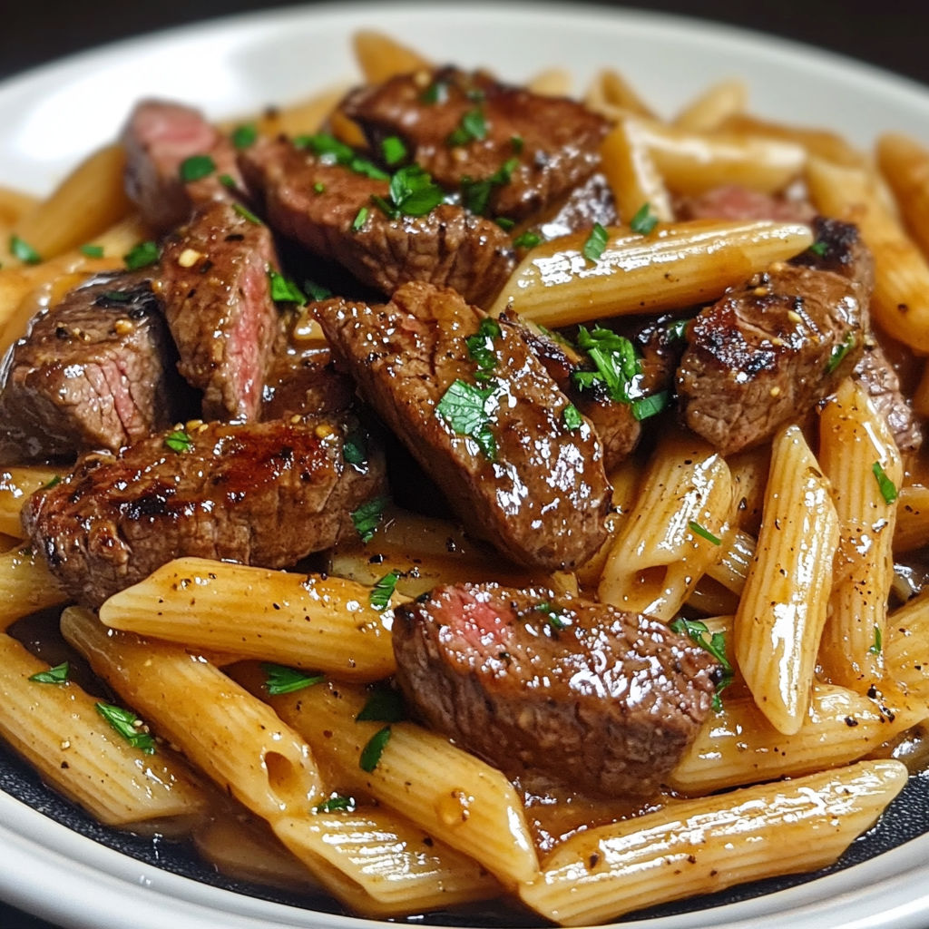 Steak et Penne à la sauce tomate" - Une plate de penne avec des morceaux de steak grillé, sauce tomate et herbes fraîches.