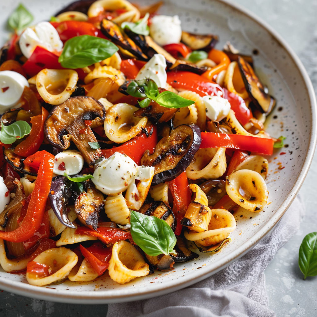 Une salade de pasta, tomates et basilic avec une sauce au fromage riche et épicée.