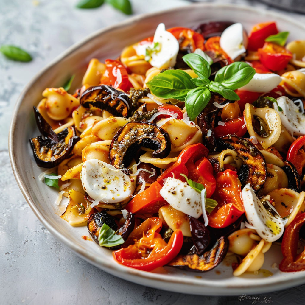 Une salade de tomates et de pasta avec des herbes fraîches.