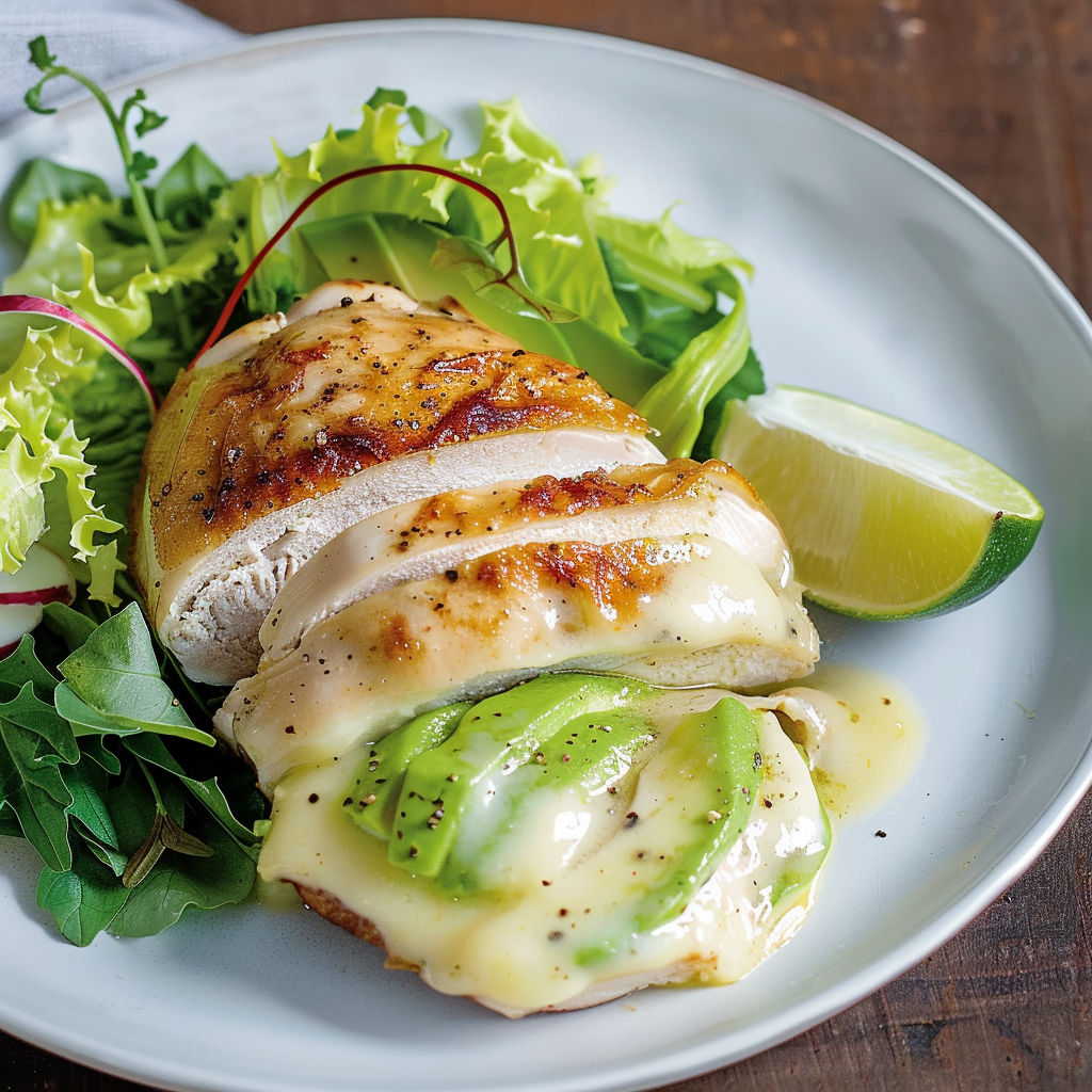 Une salade de poulet grillé avec des légumes verts et des avocats.