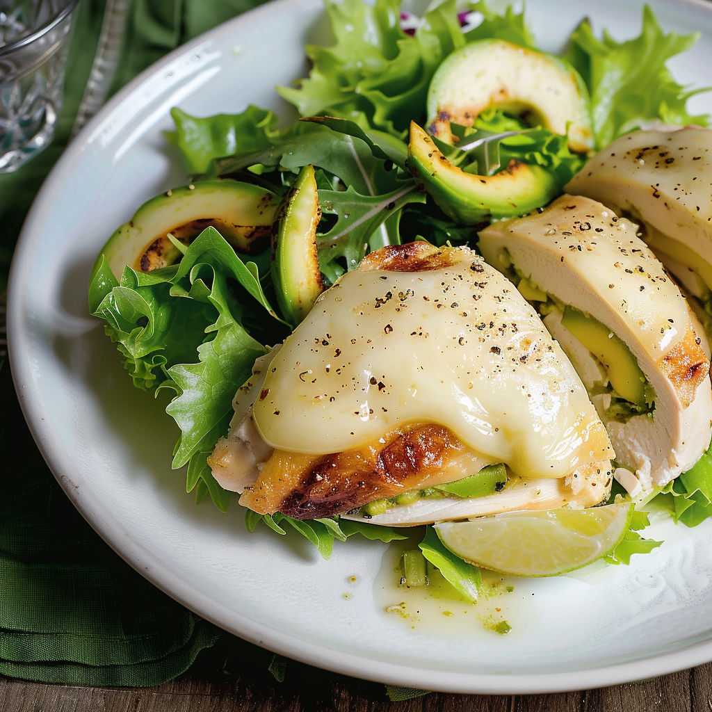 Une salade de poulet grillé avec des légumes verts et des avocats.